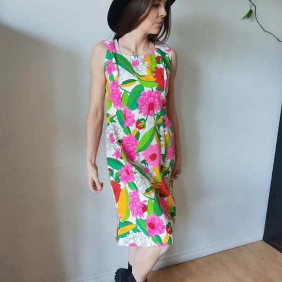 Floral Midi Dress 60s 70s Bark Cloth Bright Spring Vintage - Picture 2 of 9